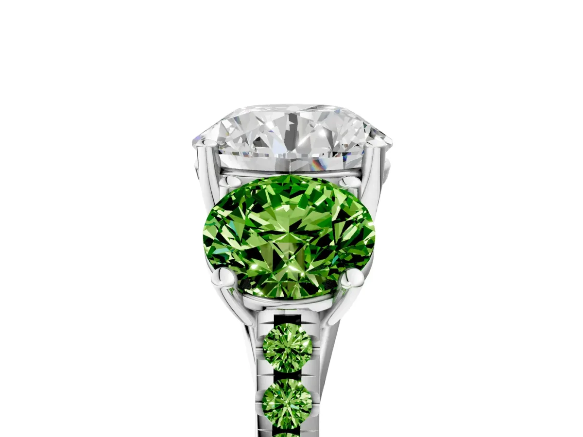 Three-Stone Round Cut Diamond Ring with Round Peridot Pavé Band and Prong Setting Silver