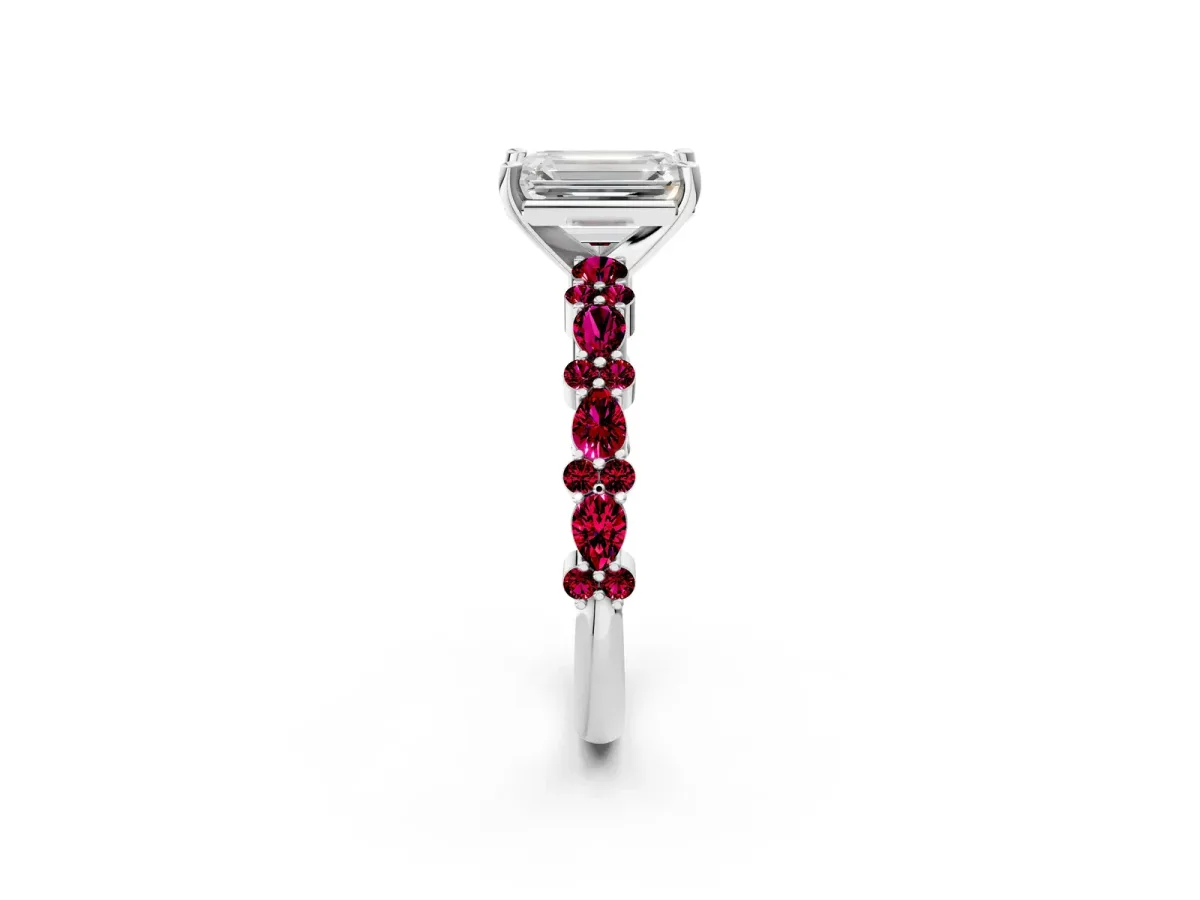 Emerald Cut Diamond Side Stone Solitaire Ring with Round Garnet and Four-Prong Setting White gold