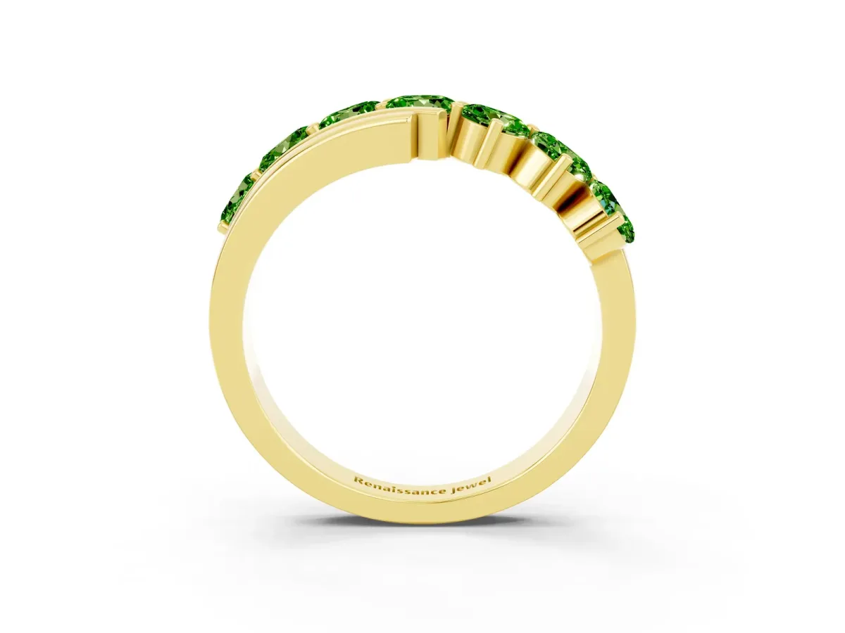 Round Peridot Wave Band with Channel and Shared Prong Setting Yellow gold