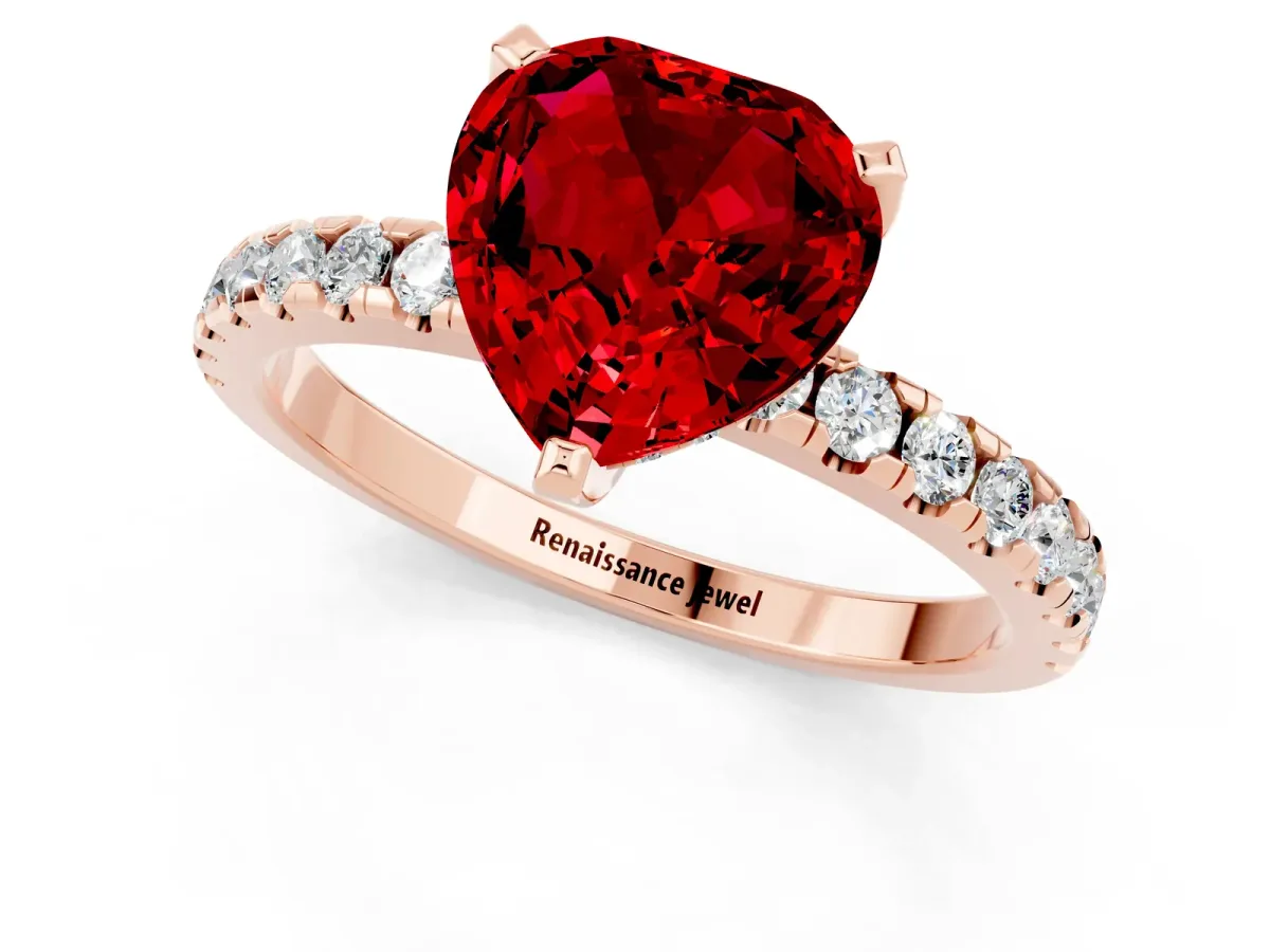 Heart Cut Ruby Solitaire Ring with Round Pavé Band and Four-Prong Setting Rose gold