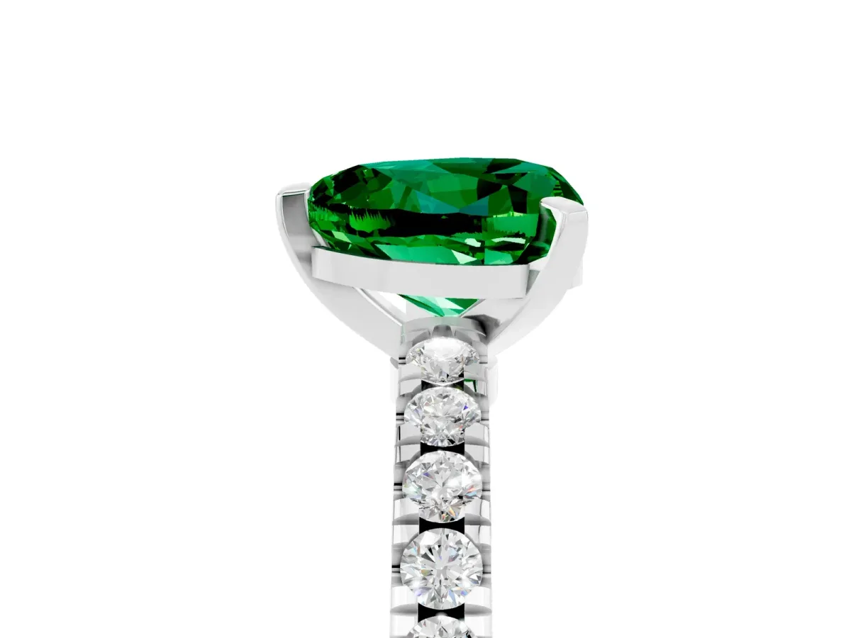 Heart Cut Solitaire Emerald with Pavé Band and Four-Prong Setting Platinum