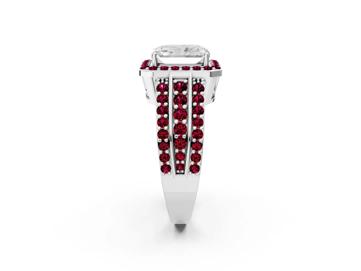 Radiant Cut Halo Diamond Ring with Round Garnet Split Shank and Prong Setting Platinum