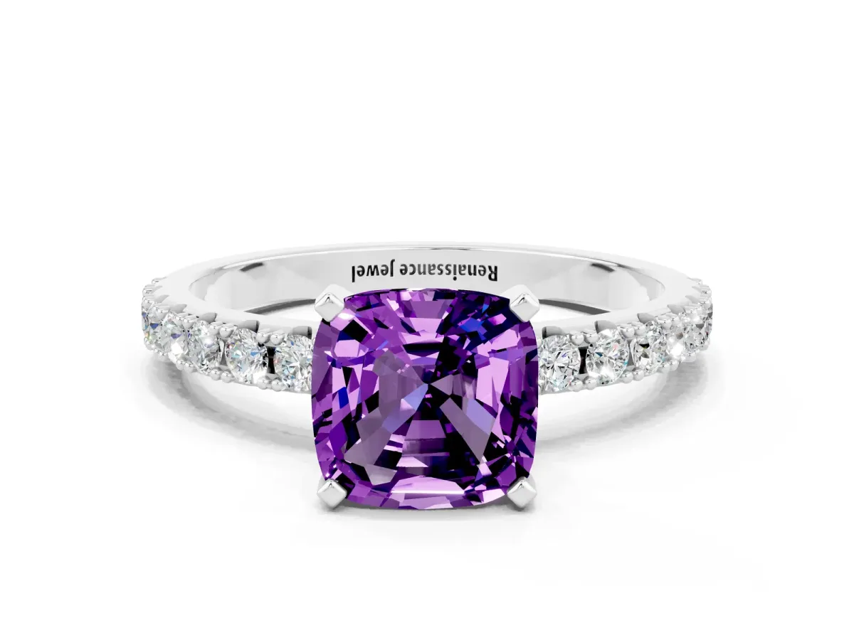 Cushion Cut Amethyst Solitaire Pavé Band with Four-Prong Setting Silver