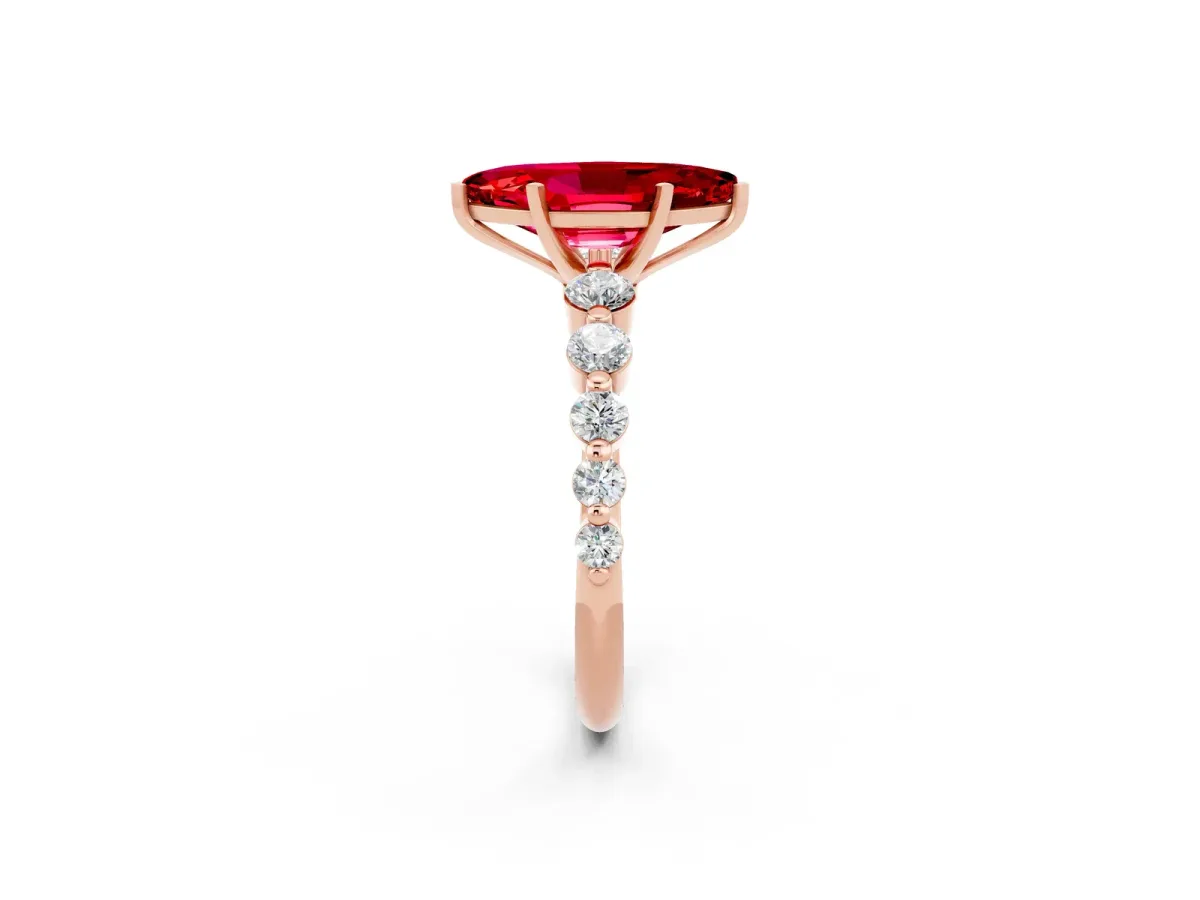 Marquise Cut Solitaire Ruby Ring with Pave Band and Four-Prong Setting Rose gold