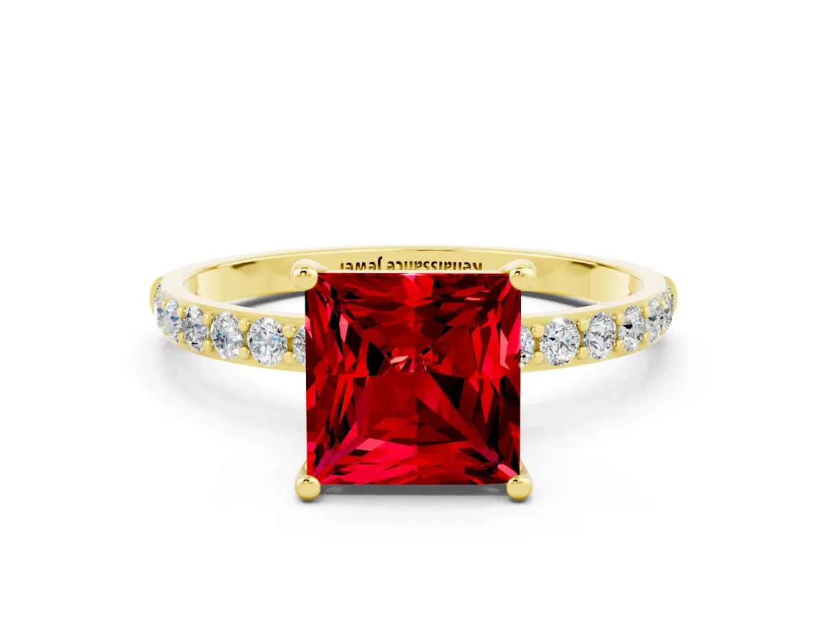 Princess Cut Ruby Solitaire Ring with Round Pavé Band and Prong Setting Yellow gold