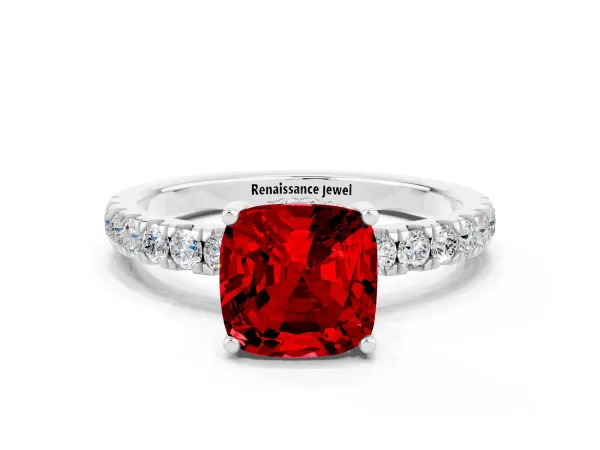 Cushion Cut Ruby Pave Band Solitaire Ring with Round and Prong Setting Platinum
