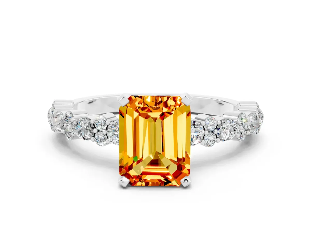 Emerald Cut Citrine Side Stone Solitaire Ring with Round and Four-Prong Setting White gold