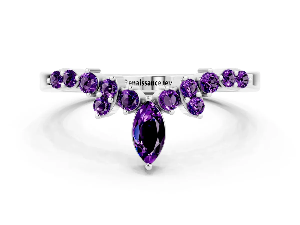 Marquise and Round Amethyst Chevron Band with Prong Setting Platinum