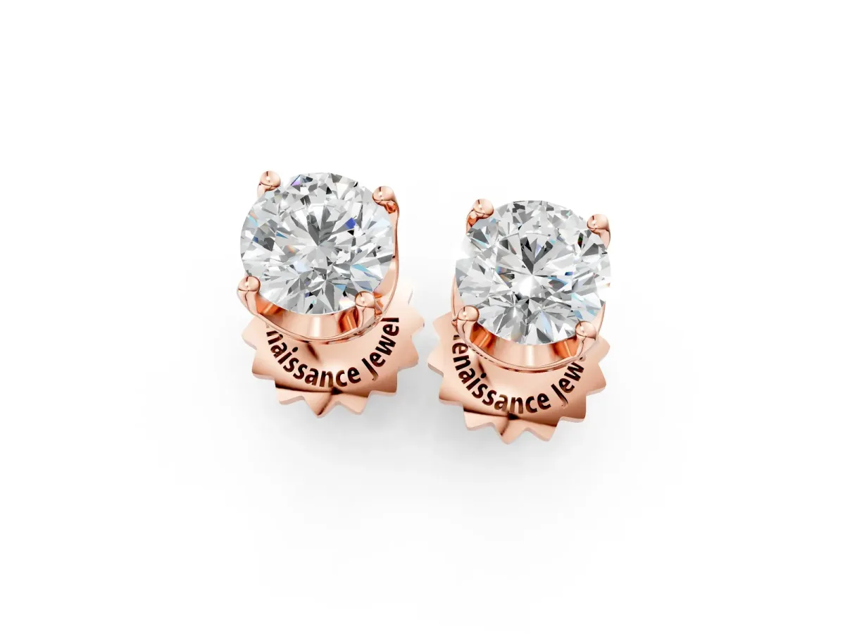 Round Solitaire Diamond Stud Earrings with Four-Prong Basket Setting Rose gold