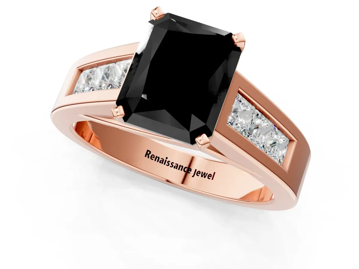 Fancy Black Radiant Cut Cut Channel Set Solitaire Ring with Four-Prong Setting Rose gold