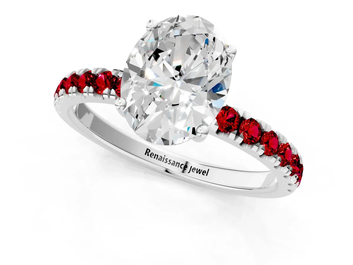 Oval Cut Diamond Pave Band Solitaire Ring with Round Ruby and Prong Setting Platinum