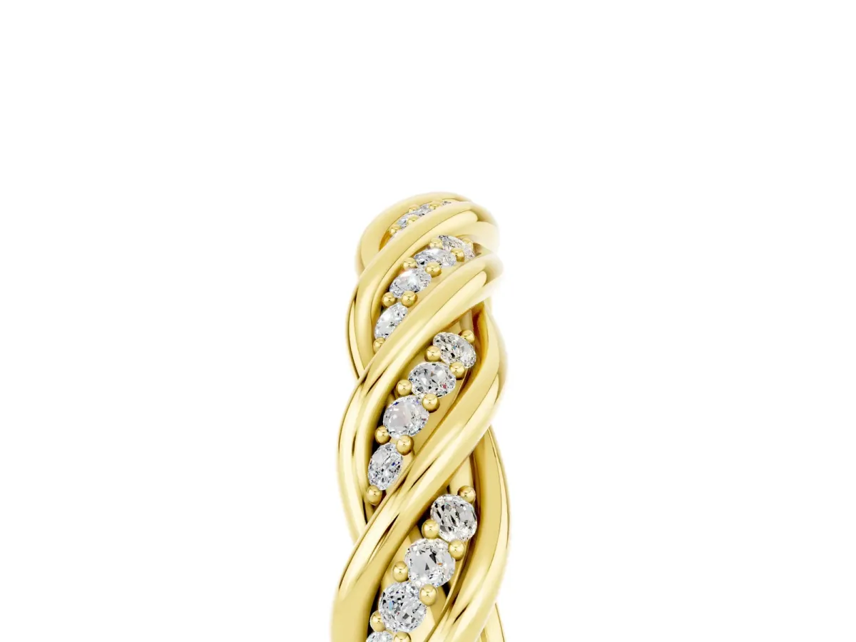 Twisted Pavé Round Moissanite Eternity Band with Shared Prong Setting Yellow gold