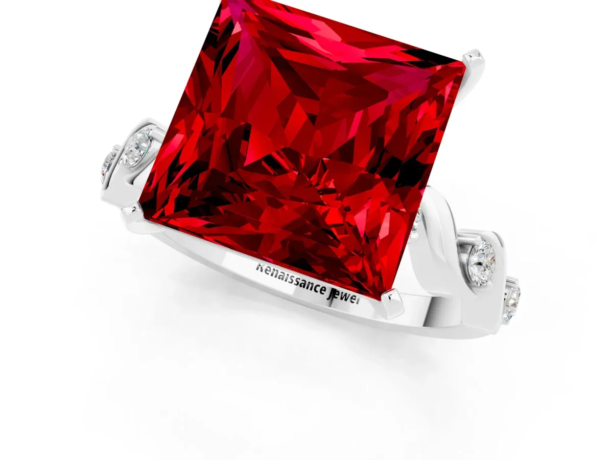 Princess Cut Ruby Solitaire Twisted Band with Round Accents and Prong Setting Silver
