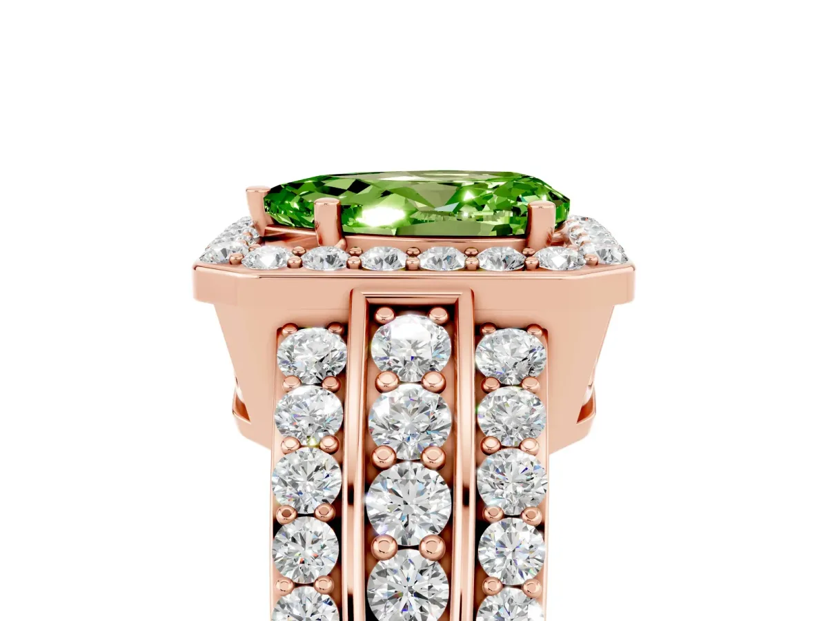 Pear Cut Halo Peridot Ring with Round Split Shank and Prong Setting Rose gold