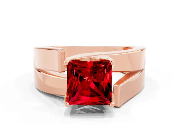 Modern Tension Set Princess Cut Ruby Solitaire Wide Band Ring Rose gold
