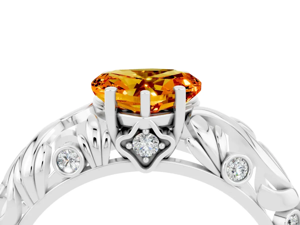 Heart Cut Solitaire Citrine Leaf-Inspired Vine Band Ring with Prong Setting Platinum
