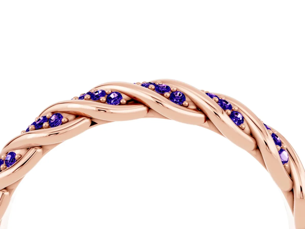 Twisted Pavé Round Tanzanite Eternity Band with Shared Prong Setting Rose gold