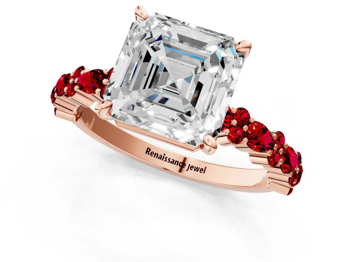 Asscher Cut Diamond Side Stone Solitaire Ring with Round Ruby and Four-Prong Setting Rose gold