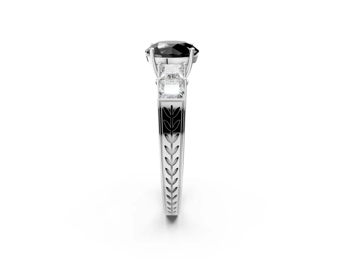 Fancy Black Round Cut Solitaire Princess Side Stone Engraved Band Prong Setting Ring Silver