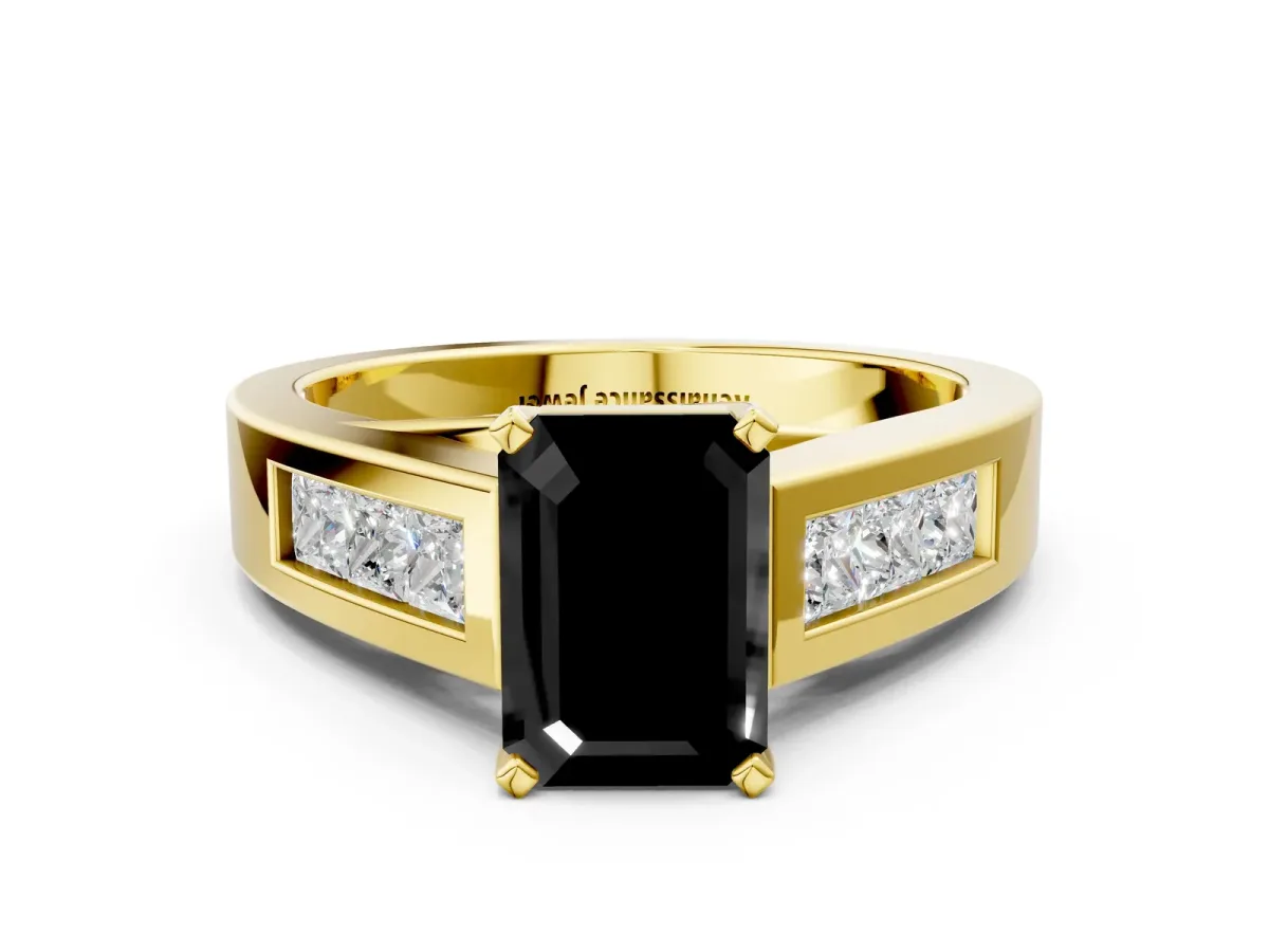 Fancy Black Emerald Cut Cut Channel Set Solitaire Ring with Four-Prong Setting Yellow gold