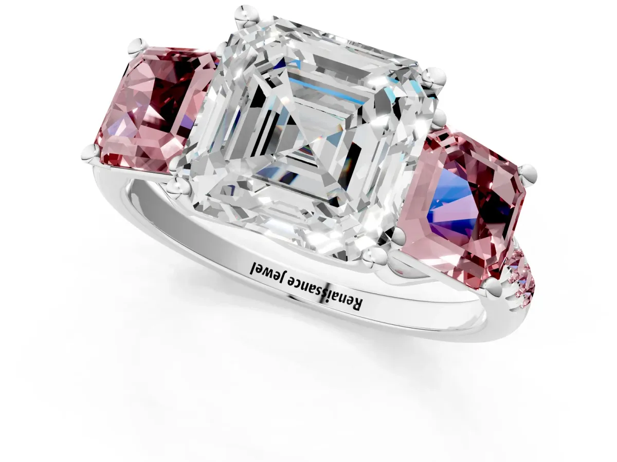 Three-Stone Asscher Cut Diamond Ring with Round Morganite Pavé Band and Prong Setting Silver