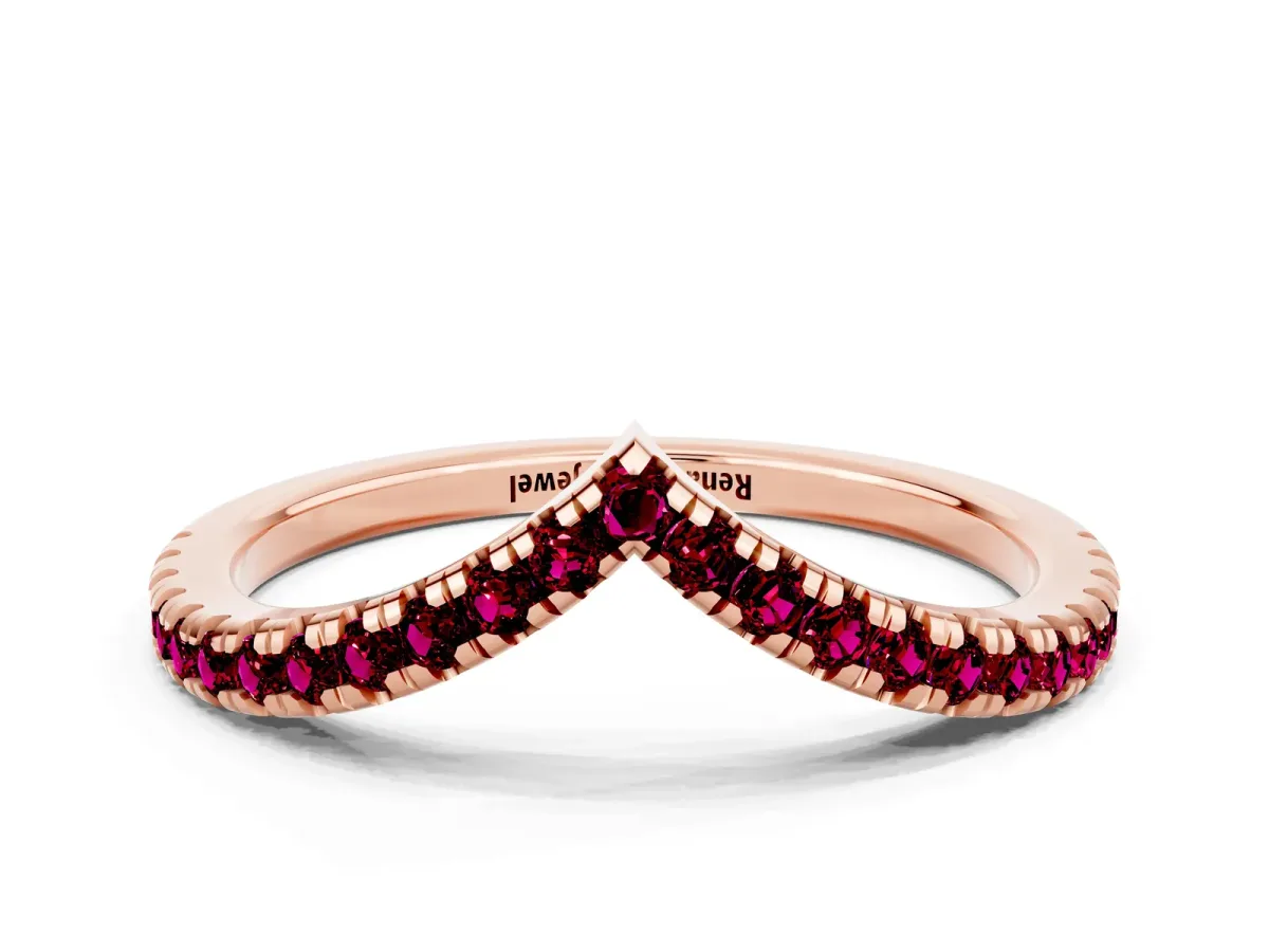 Pavé Round Garnet V-Shaped Chevron Band with Shared Prong Setting Rose gold