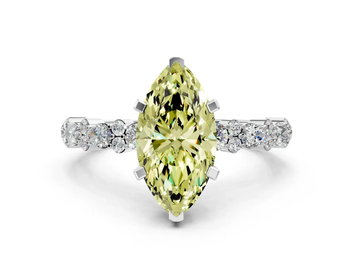 Fancy Yellow Marquise Cut Diamond Side Stone Solitaire Ring with Round and Four-Prong Setting Platinum