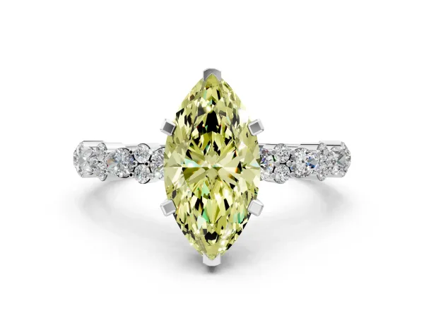 Fancy Yellow Marquise Cut Diamond Side Stone Solitaire Ring with Round and Four-Prong Setting White gold