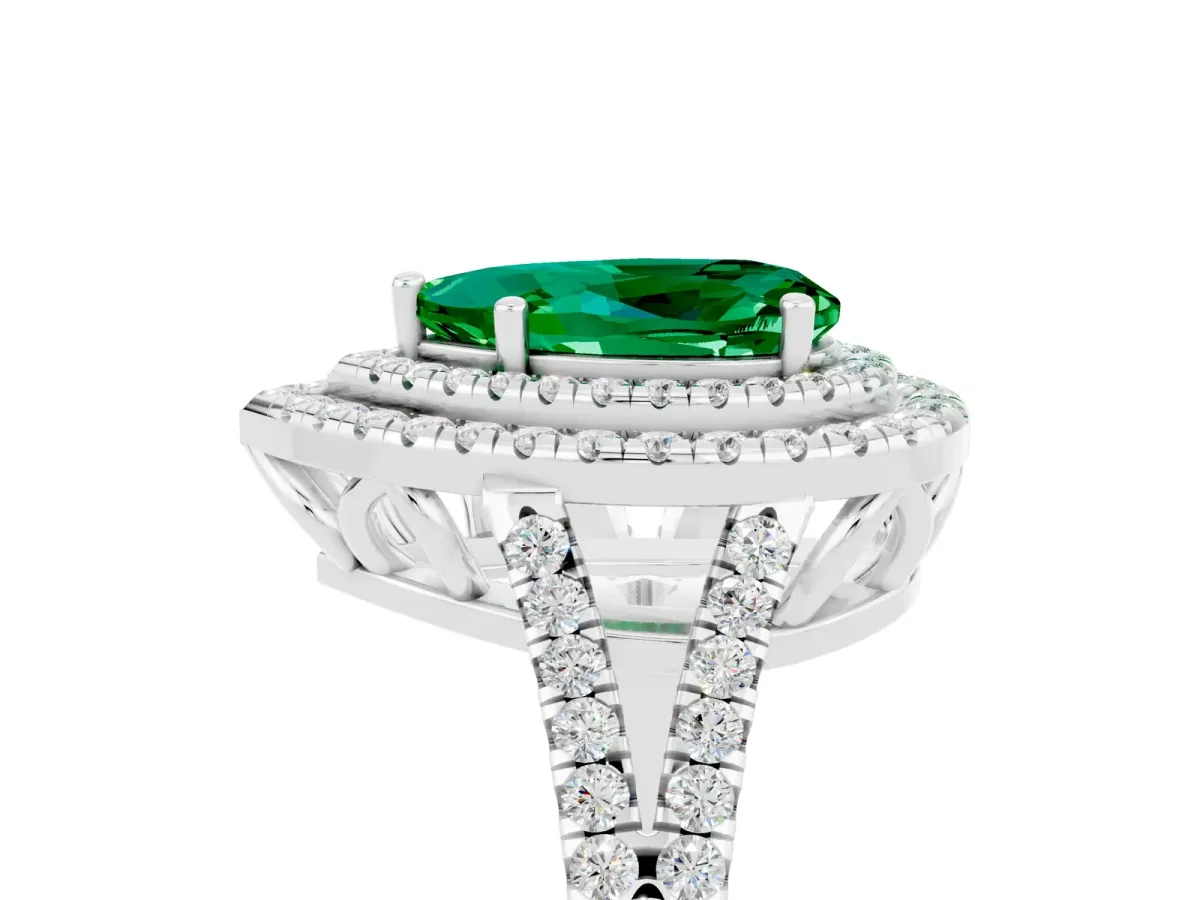 Pear Cut Emerald Double Halo Ring with Pavé Band and Prong Setting Silver