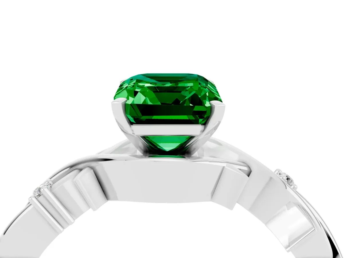 Emerald Cut Emerald Solitaire Ring with Twisted Band and Prong Setting Platinum