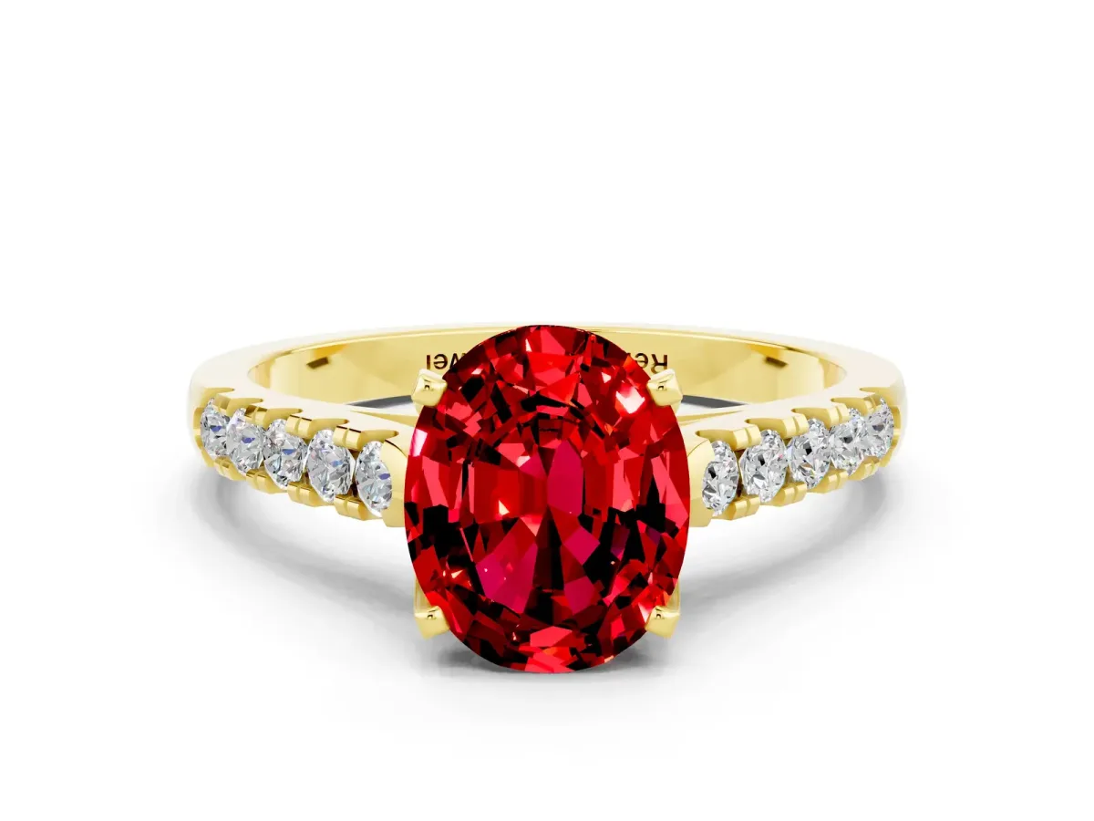 Oval Cut Ruby Pavé Band Solitaire Ring with Prong Setting Yellow gold