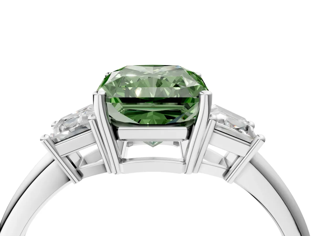 Fancy Green Radiant Cut Diamond Three-Stone Ring with Trapezoid Side Stones and Prong Setting Silver