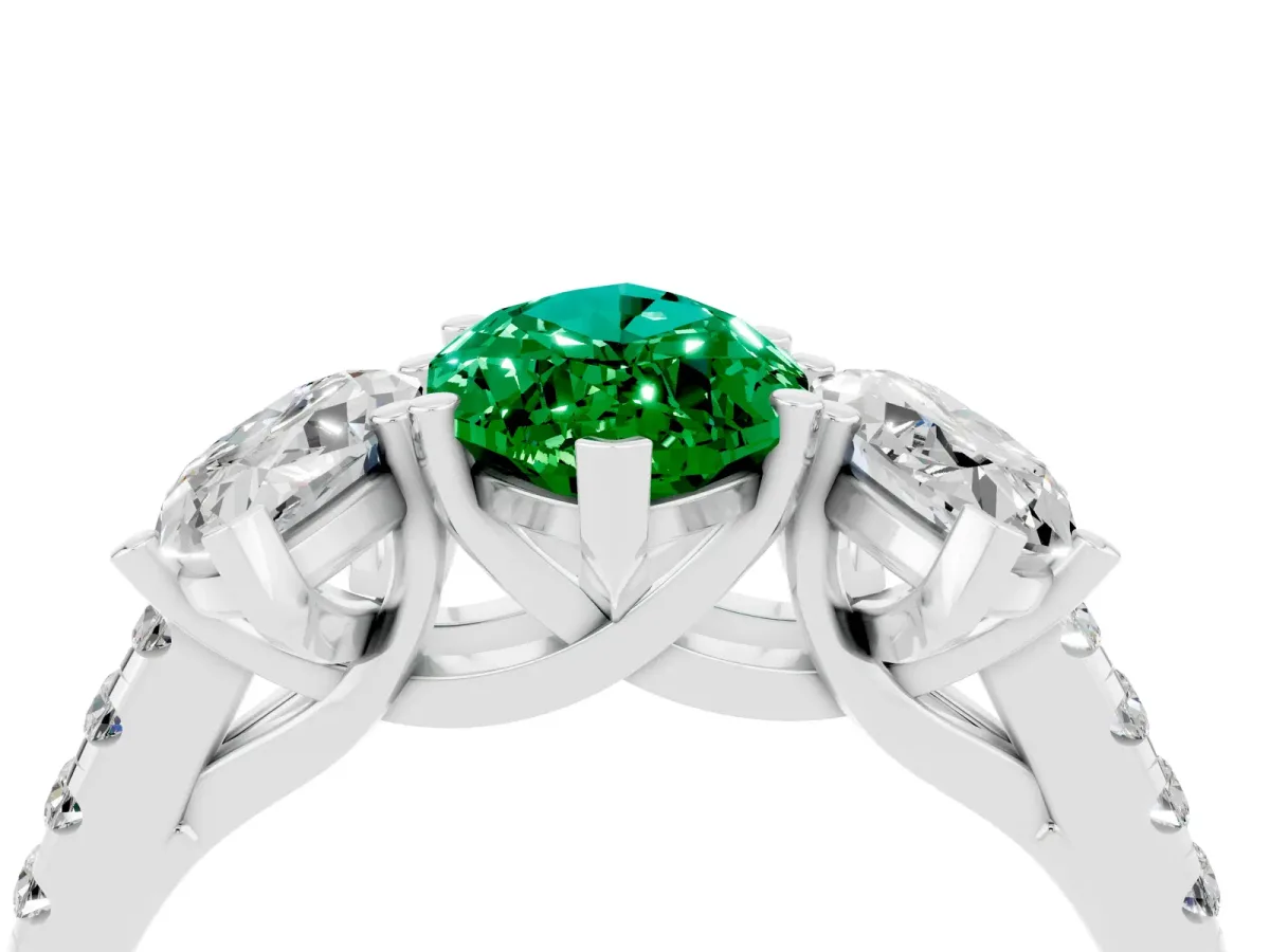 Three-Stone Marquise Cut Emerald Ring with Round Pavé Band and Prong Setting Silver