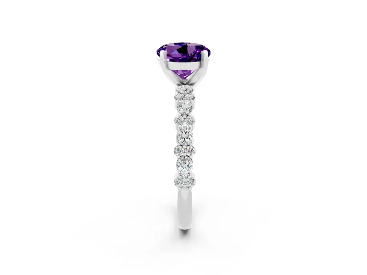 Round Cut Amethyst Side Stone Solitaire Ring with Round and Four-Prong Setting Platinum