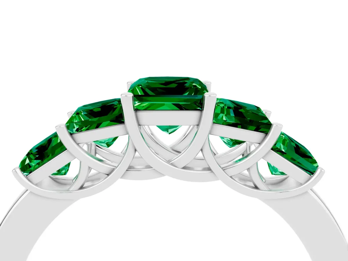Princess Cut Five-Stone Emerald Ring with Classic Prong Setting White gold