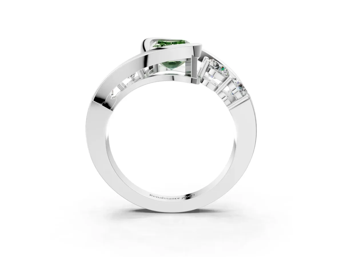 Fancy Green Bezel Set Emerald Cut Diamond Bypass Ring with Round Accents Silver