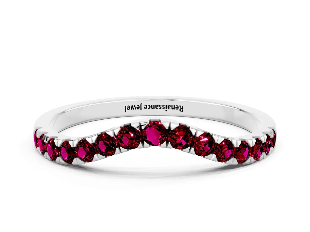 Curved Pavé Round Garnet Wedding Band with Shared Prong Setting Silver