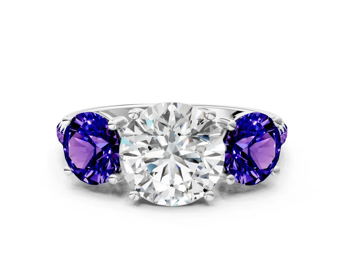 Three-Stone Round Cut Diamond Ring with Round Tanzanite Pavé Band and Prong Setting Silver