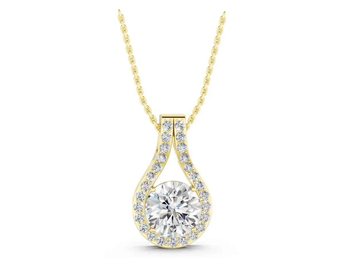 Round Halo Prong Set Pendant Yellow gold