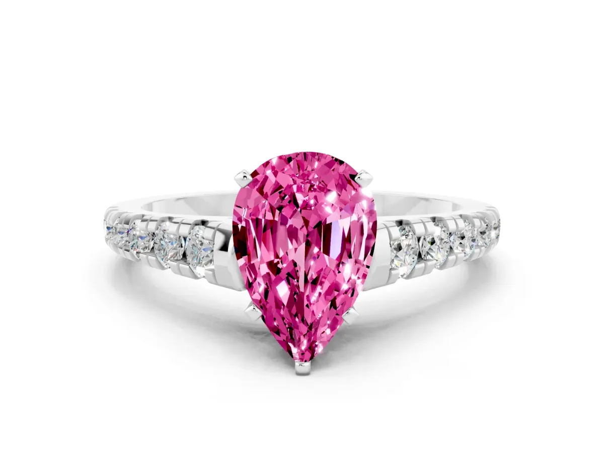 Pear Cut Pink Sapphire Cathedral Solitaire Ring with Round Pavé Band Silver
