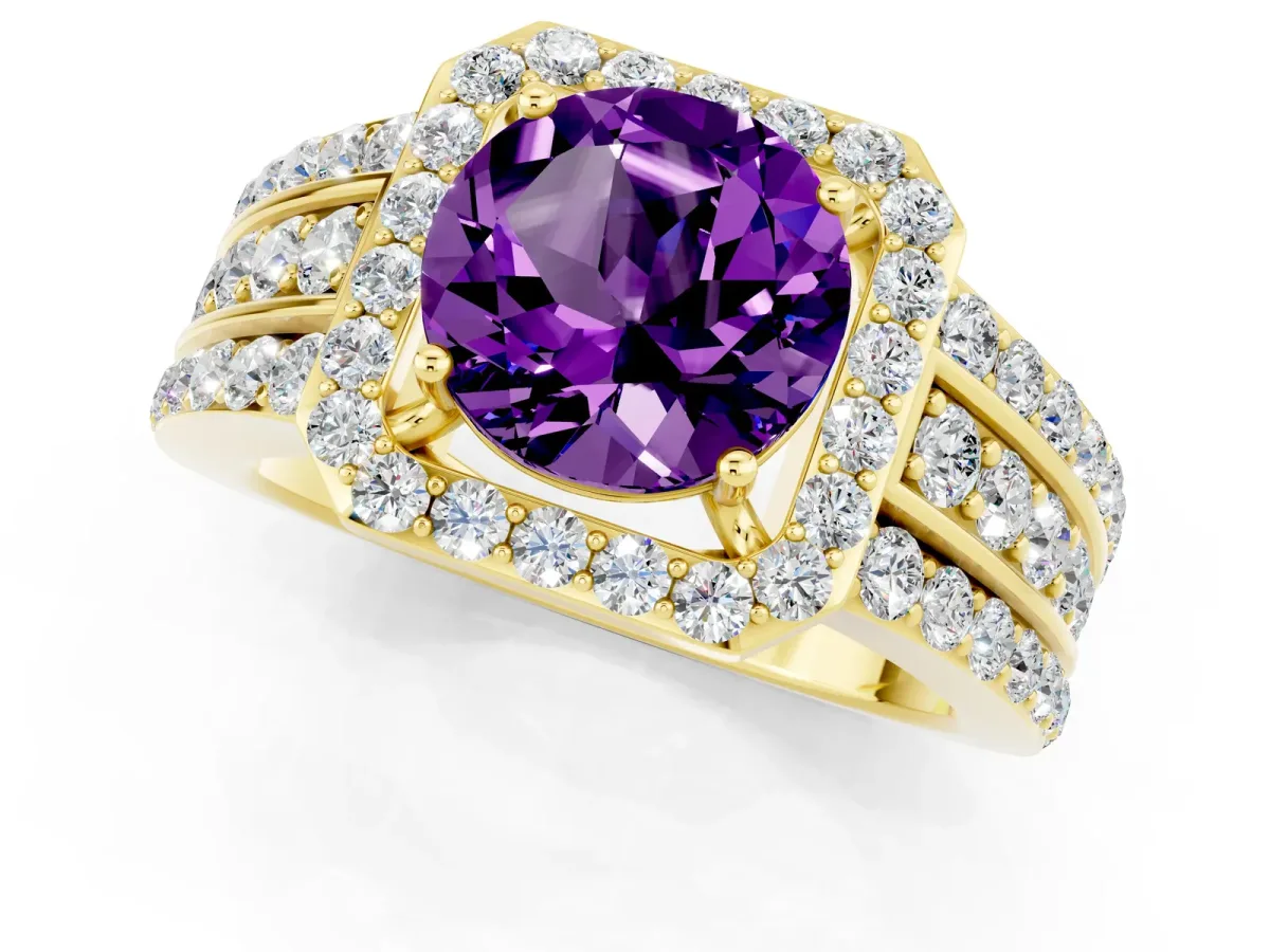 Round Cut Halo Amethyst Ring with Round Split Shank and Prong Setting Yellow gold