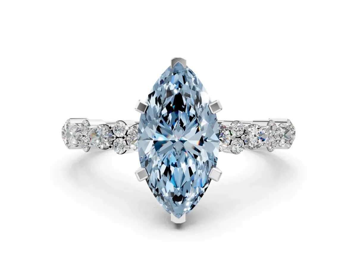 Fancy Blue Marquise Cut Diamond Side Stone Solitaire Ring with Round and Four-Prong Setting Silver