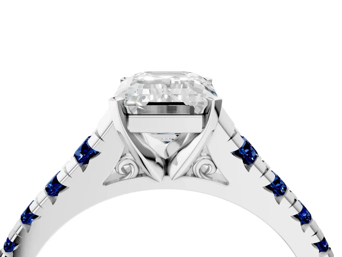 Emerald Cut Diamond Cathedral Solitaire Ring with Round Blue Sapphire Pavé Band Silver