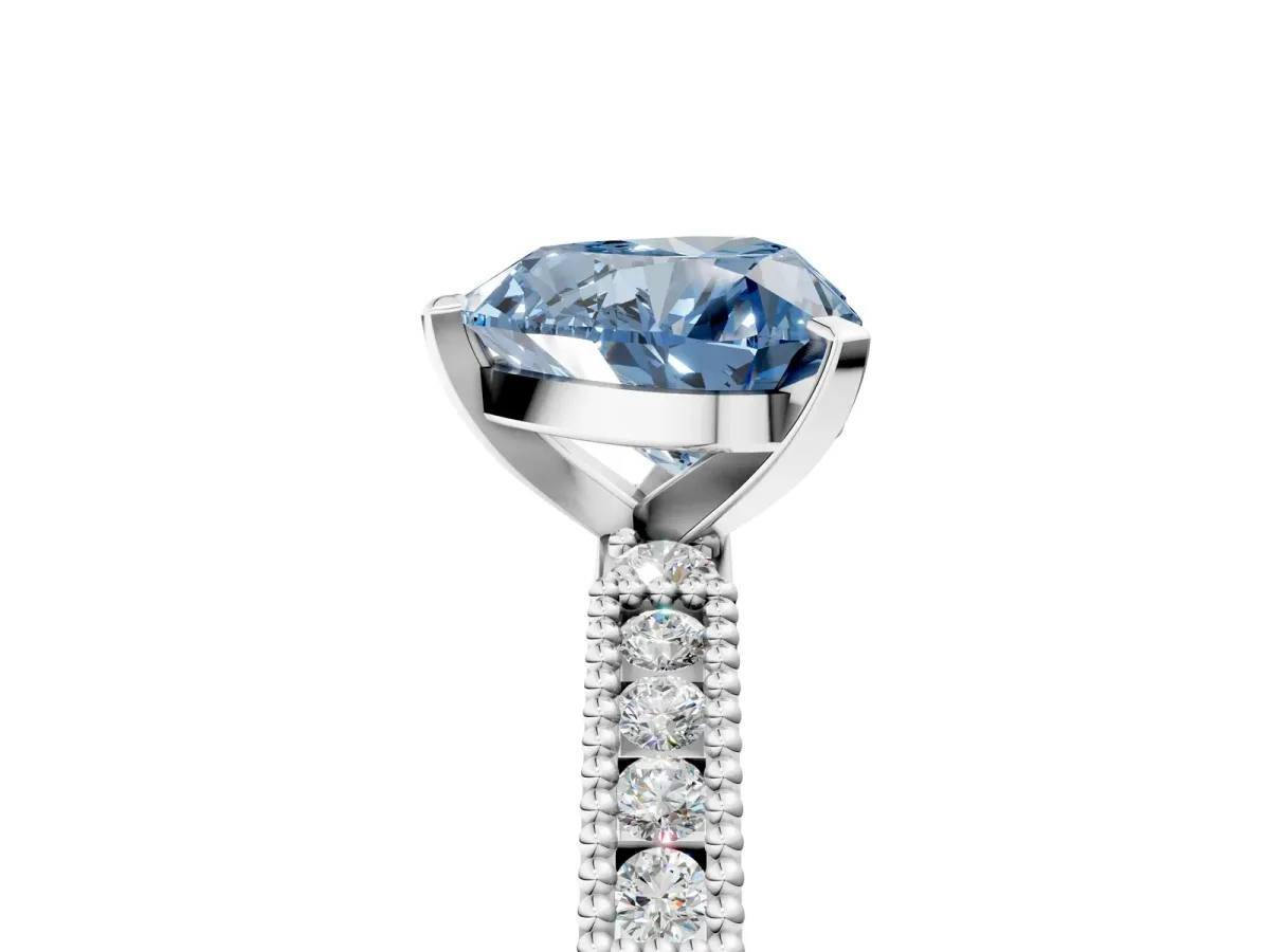 Fancy Blue Heart Cut Solitaire with Pavé Band and Four-Prong Setting Silver