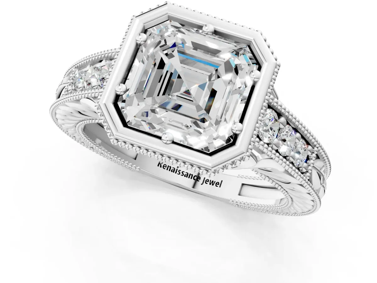 Bezel Set Asscher Cut Diamond Milgrain Pave Engagement Ring Platinum