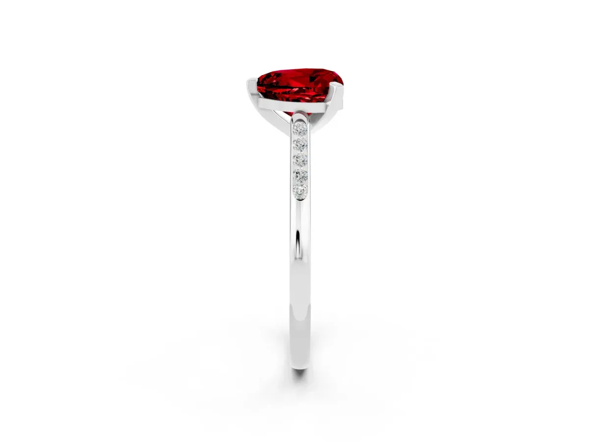 Heart Cut Ruby Solitaire Ring with Channel Set Round Band and Prong Setting Silver