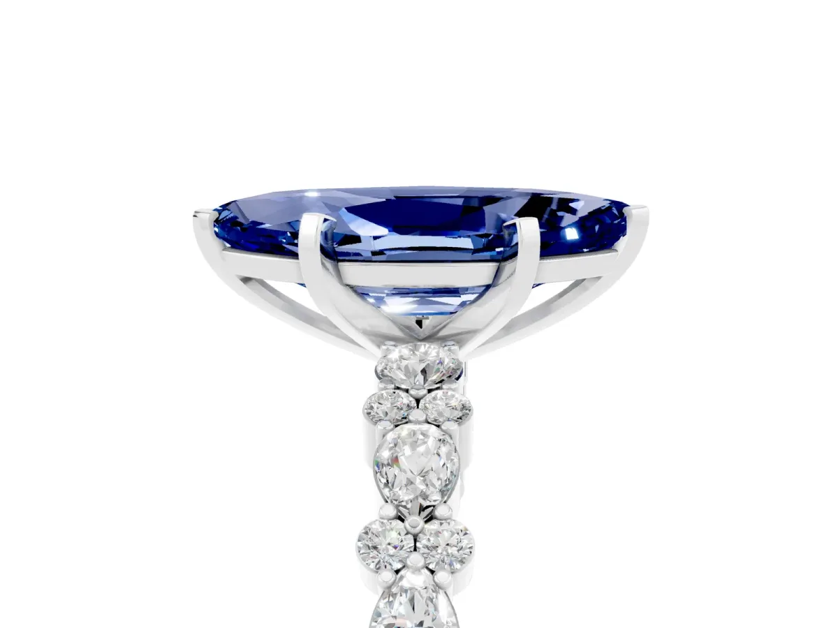 Marquise Cut Blue Sapphire Side Stone Solitaire Ring with Round and Four-Prong Setting Silver