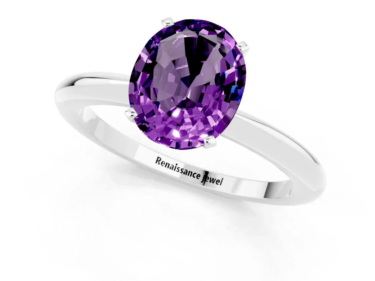 Oval Cut Amethyst Solitaire Ring with Six-Prong Setting and Classic Band Silver