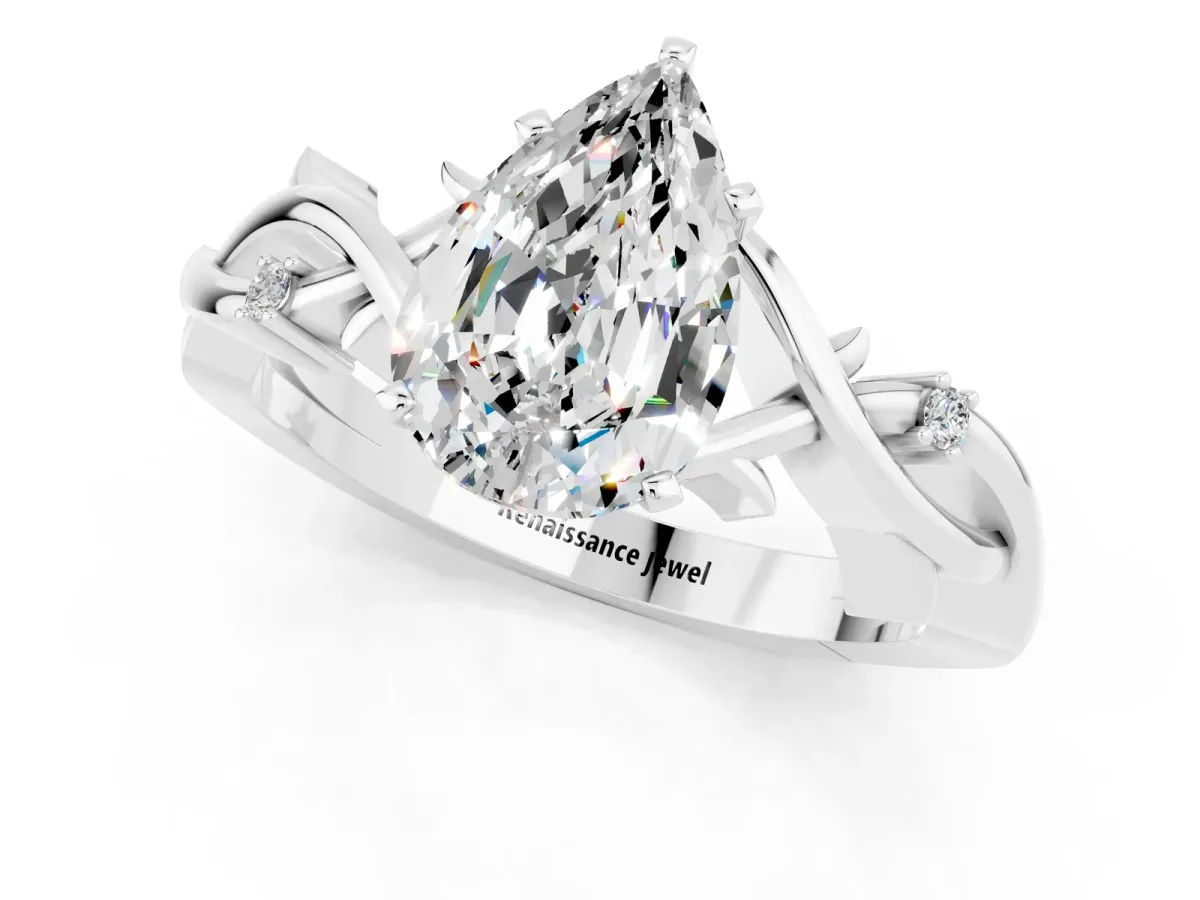 Pear Cut Moissanite Solitaire Ring with Twisted Band and Prong Setting Platinum