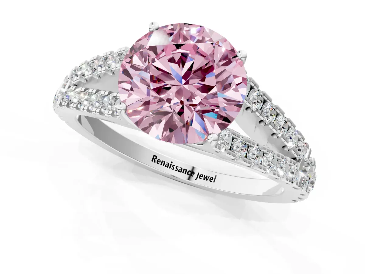 Fancy Pink Round Cut Diamond Split Shank Engagement Ring with Round Pavé and Prong Setting Platinum